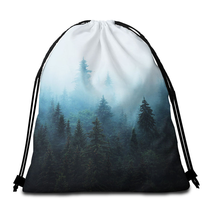 Foggy Pine Forest Beach Towel Bags