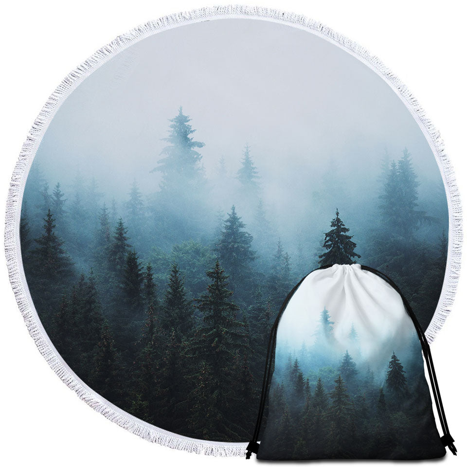 Foggy Pine Forest Round Beach Towel
