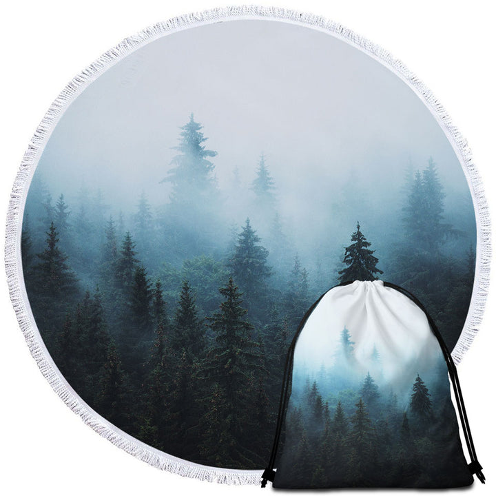 Foggy Pine Forest Round Beach Towel