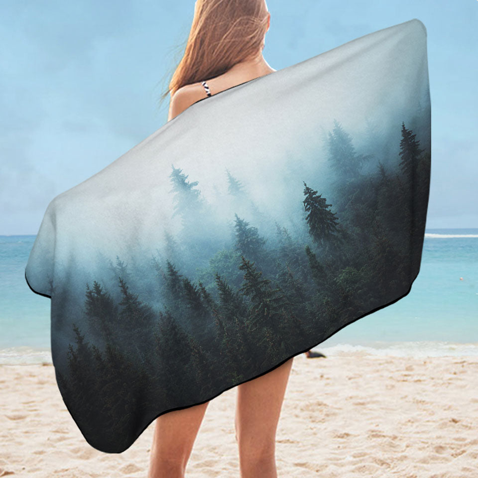Foggy Pine Forest Unusual Beach Towels