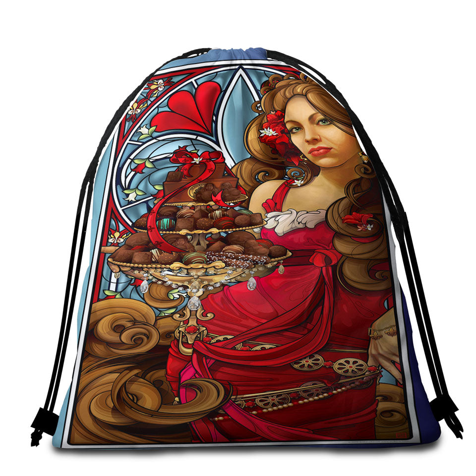 Fantasy Art Beautiful Beach Bags and Towels Red Dressed Woman and Dragon
