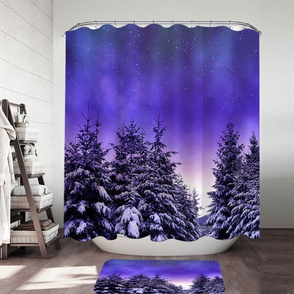 Forest Shower Curtain Features Bright Winter Night in the Snowy Forest