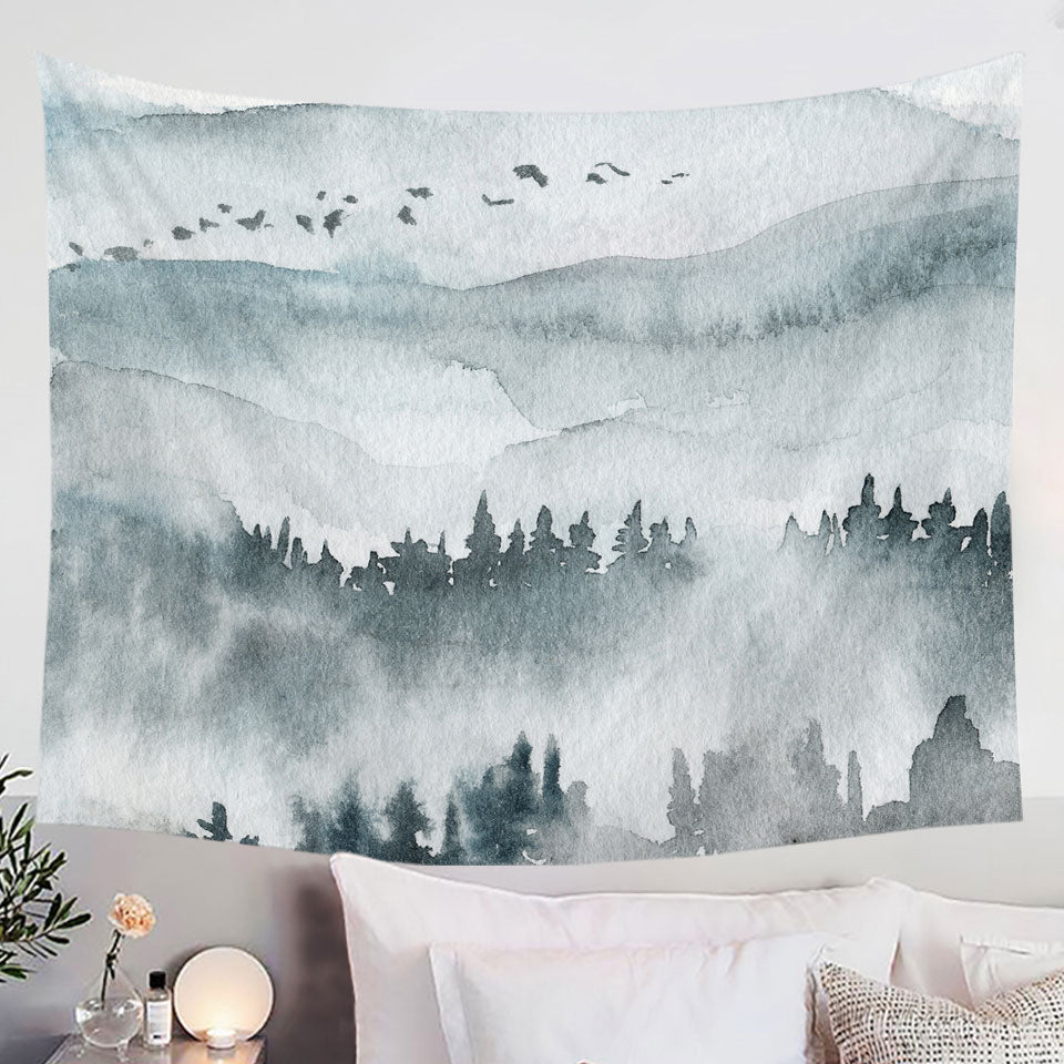 Forested Mountain Fog Art Wall Tapestry