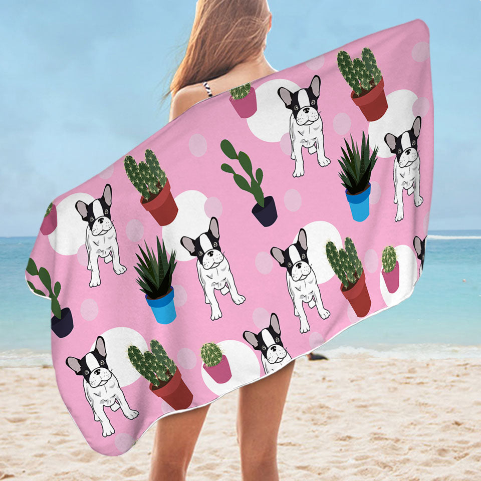French Bulldog and Cactus Lightweight Beach Towel