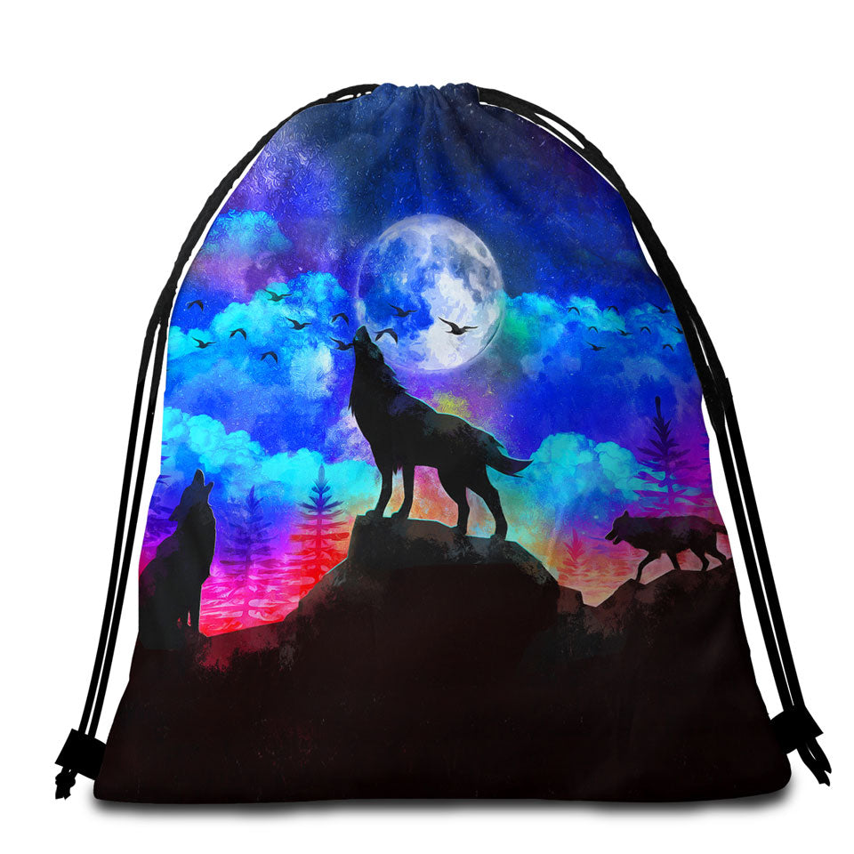 Full Moon Night Wolf Beach Bags and Towels