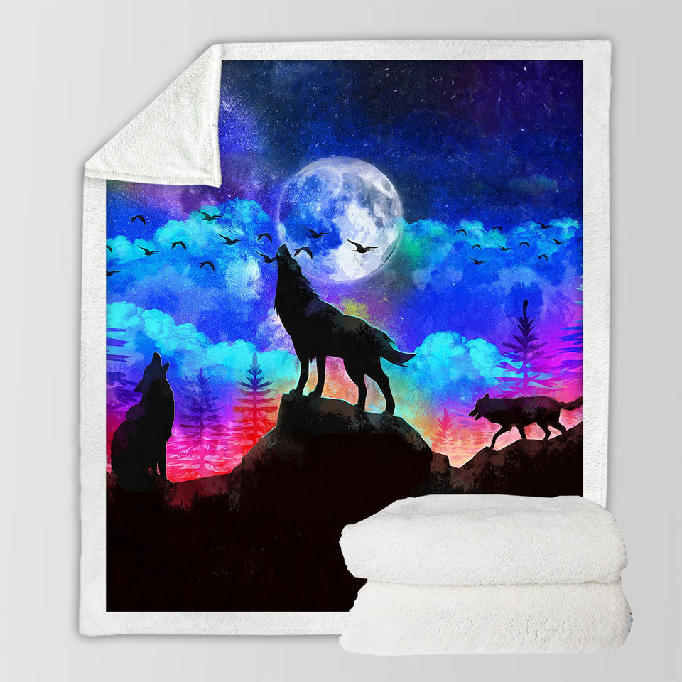 Full Moon Night Wolf Fleece Blankets