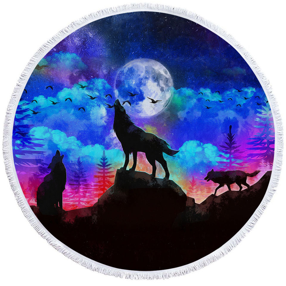 Full Moon Night Wolf Round Beach Towel