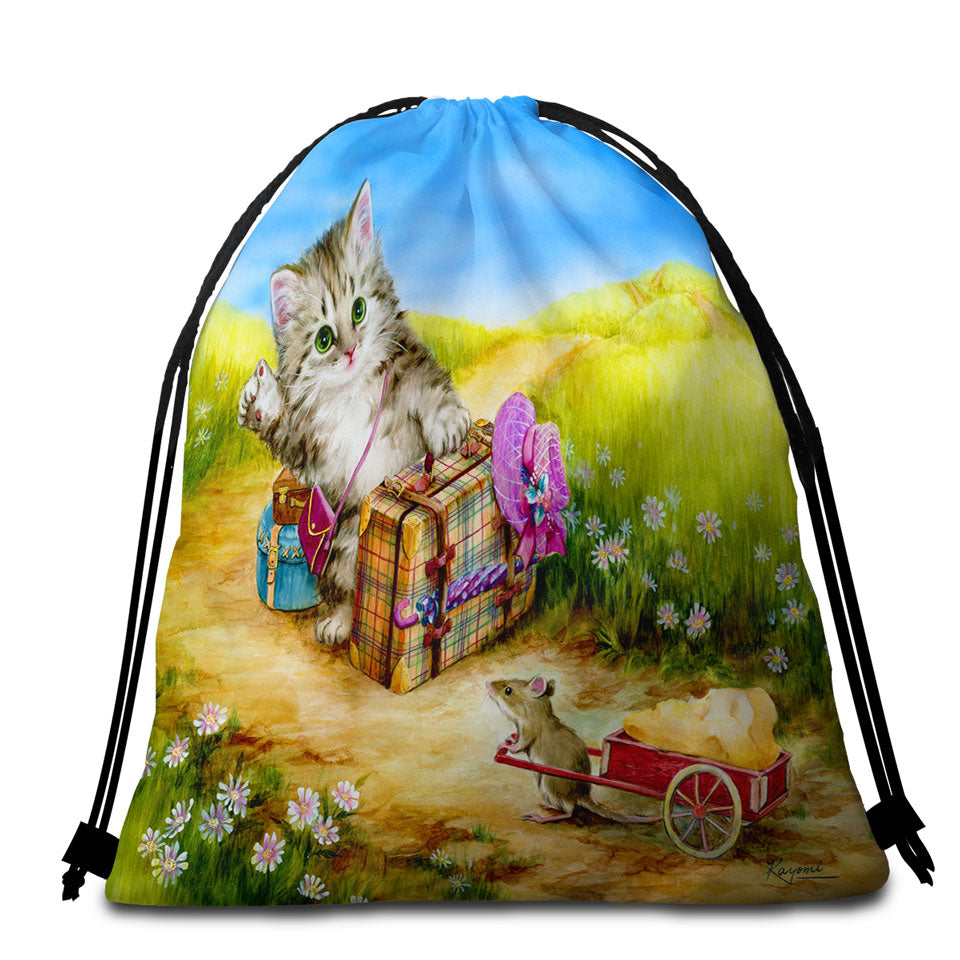 Fun Beach Towel Bags Cute Cat Designs on the Road Mouse and Kitten