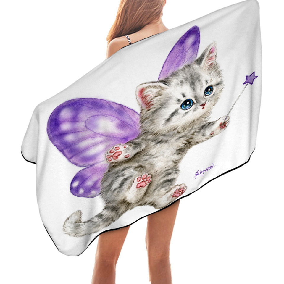 Fun Beach Towels Cats Cute Purple Fairy Kitten