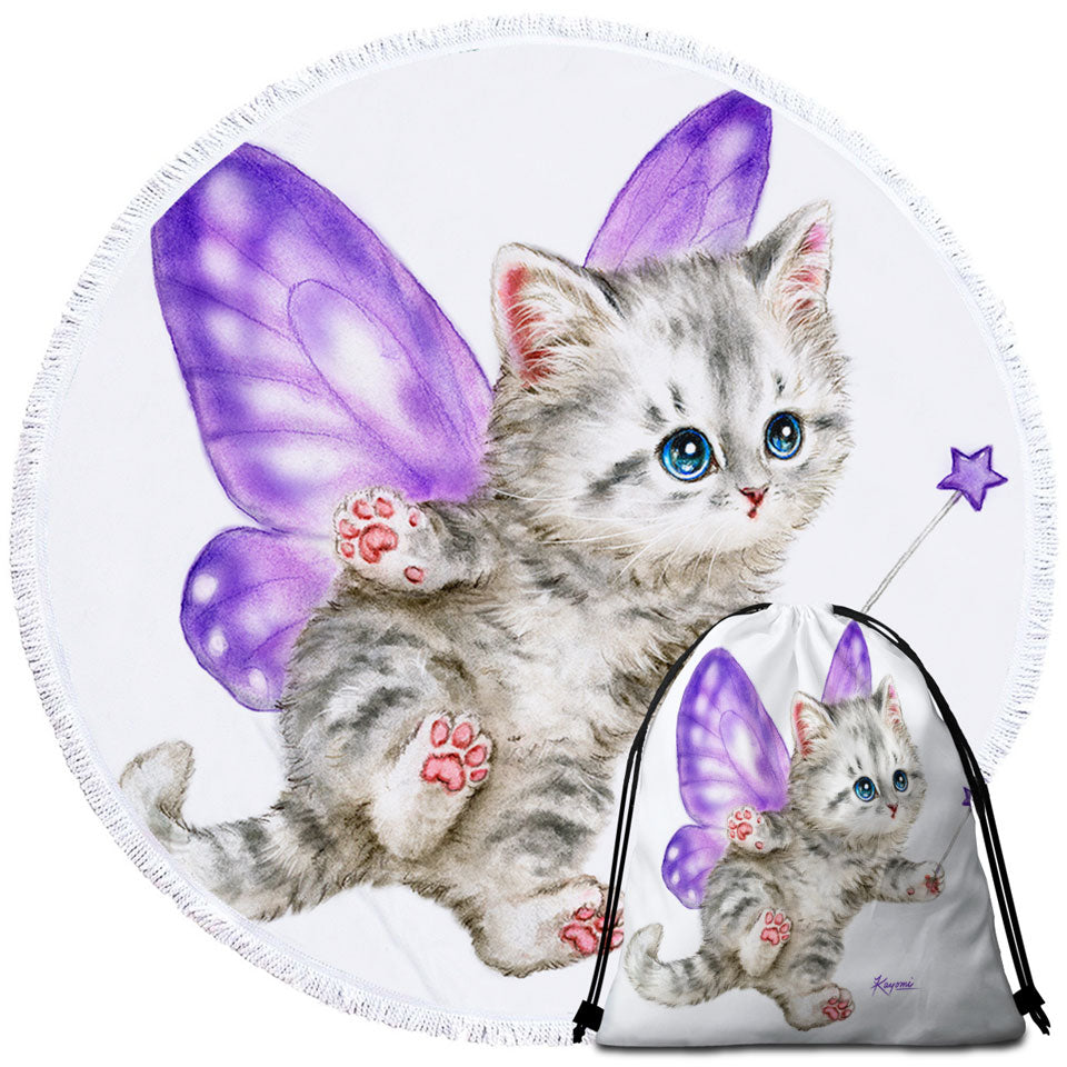 Fun Beach Towels and Bags Set with Cats Cute Purple Fairy Kitten