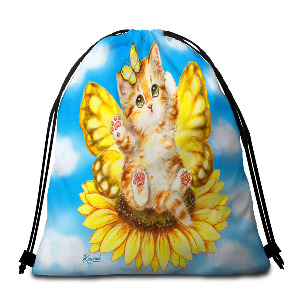 Fun Beach Towels and Bags Set with Cats Cute Yellow Sunflower Fairy Kitten