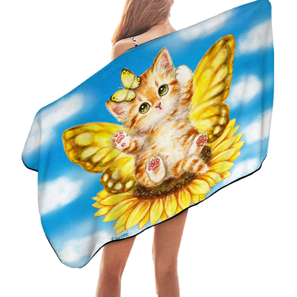 Fun Beach Towels with Cats Cute Yellow Sunflower Fairy Kitten