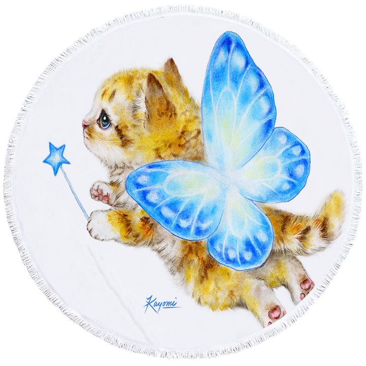 Fun Cats Cute Blue Fairy Kitten Round Beach Towel