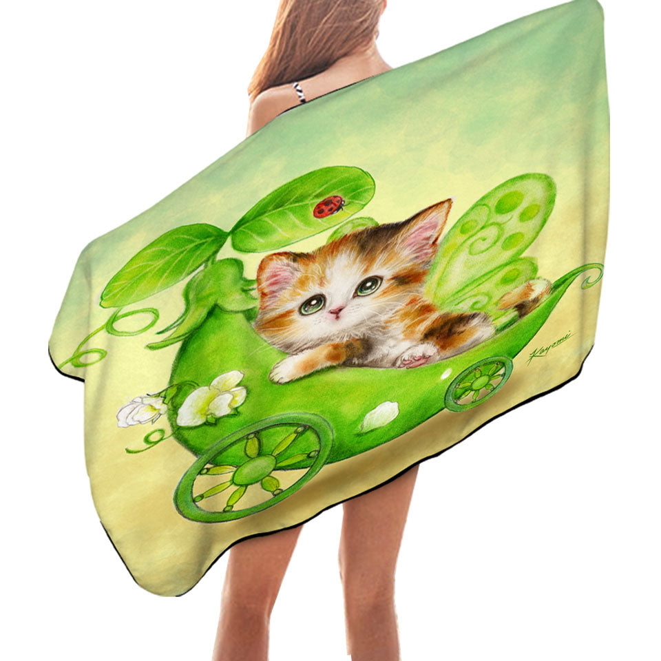 Fun Cats Cute Green Peapod Fairy Kitten Beach Towel