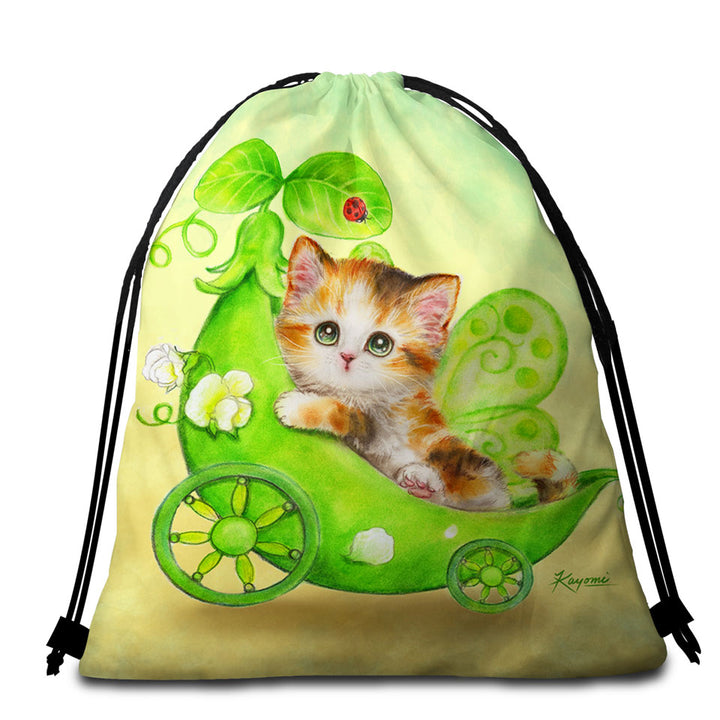 Fun Cats Cute Green Peapod Fairy Kitten Beach Towels and Bags Set