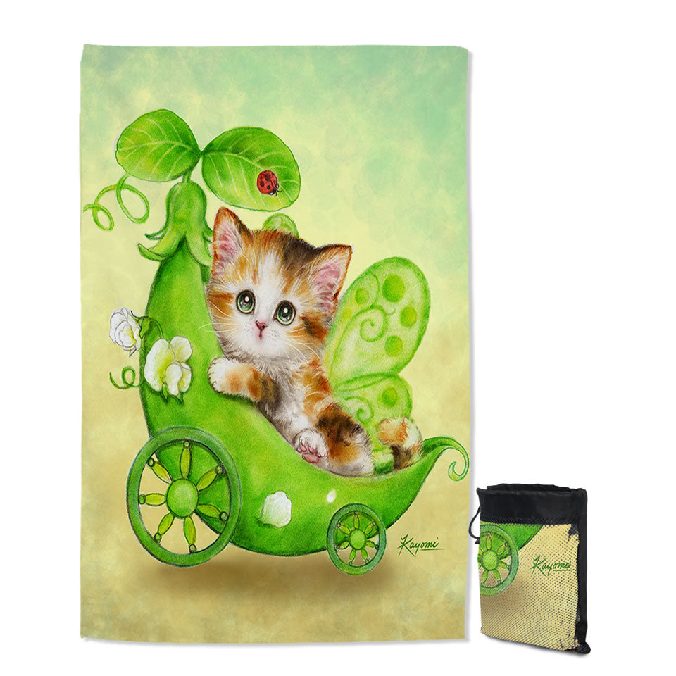 Fun Cats Cute Green Peapod Fairy Kitten Lightweight Beach Towel
