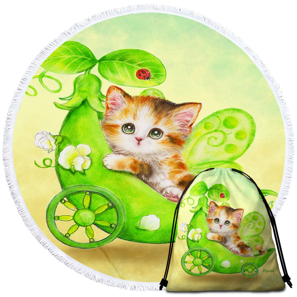 Fun Cats Cute Green Peapod Fairy Kitten Microfiber Beach Towel