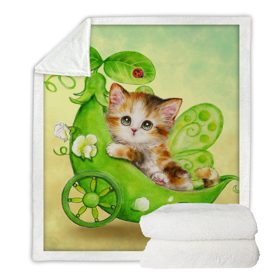 Fun Cats Cute Green Peapod Fairy Kitten Sherpa Blanket