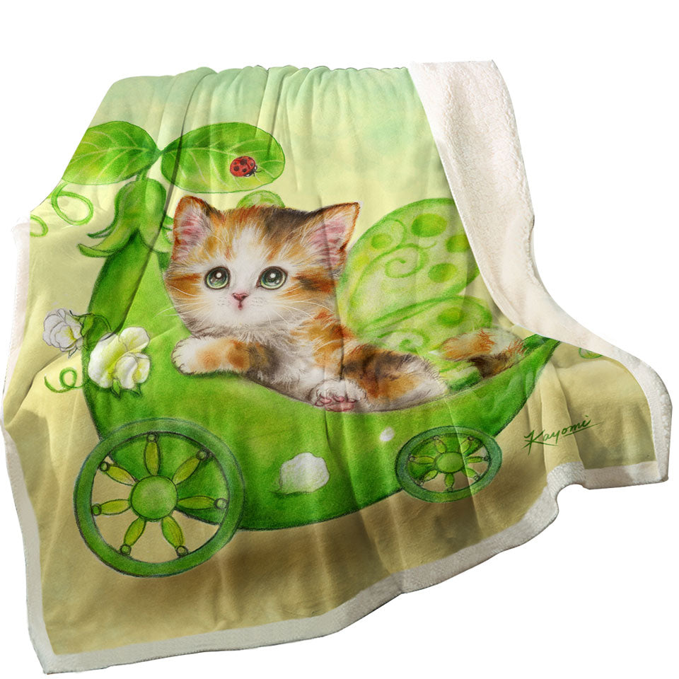 Fun Cats Cute Green Peapod Fairy Kitten Throw Blanket