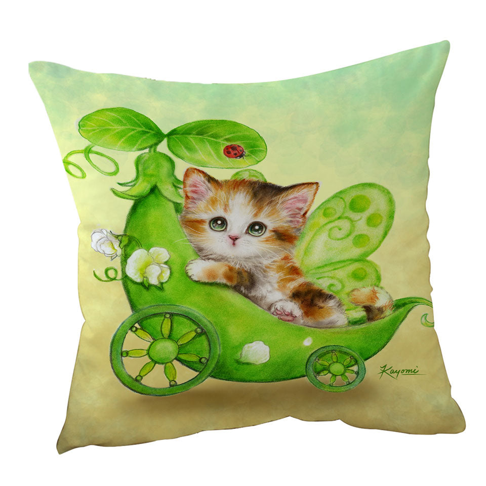Fun Cats Cute Green Peapod Fairy Kitten Throw Pillow