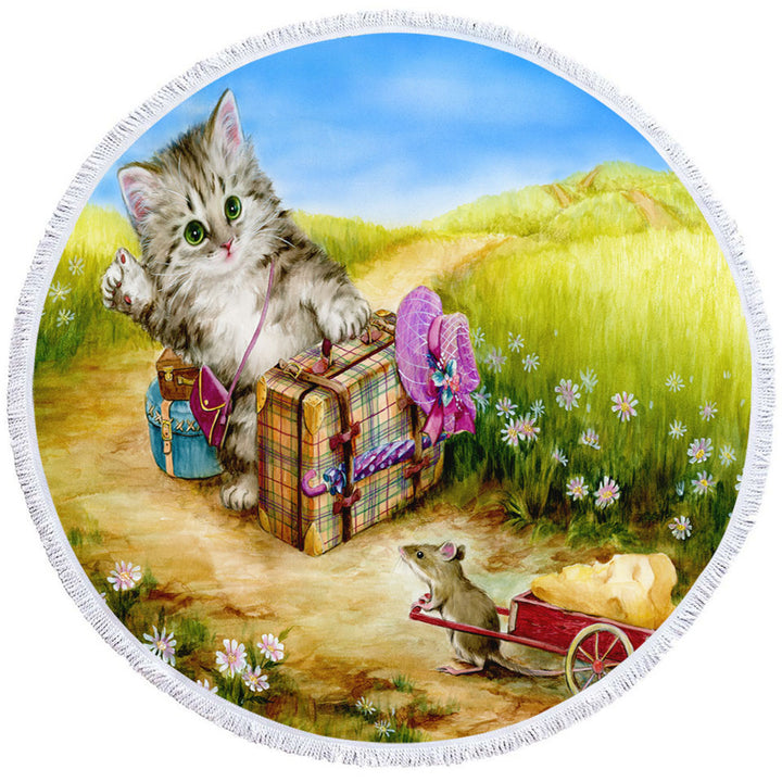 Fun Circle Beach Towel Cute Cat Designs on the Road Mouse and Kitten
