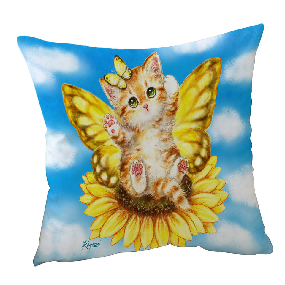 Fun Cushion Covers with Cats Cute Yellow Sunflower Fairy Kitten