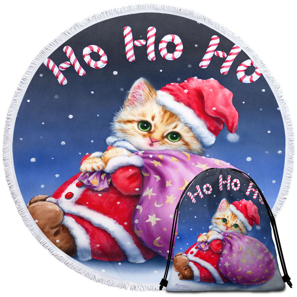 Fun Cute Cat Designs Christmas Circle Beach Towel Santa Kitten