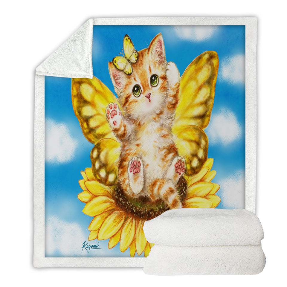 Fun Fleece Blankets with Cats Cute Yellow Sunflower Fairy Kitten