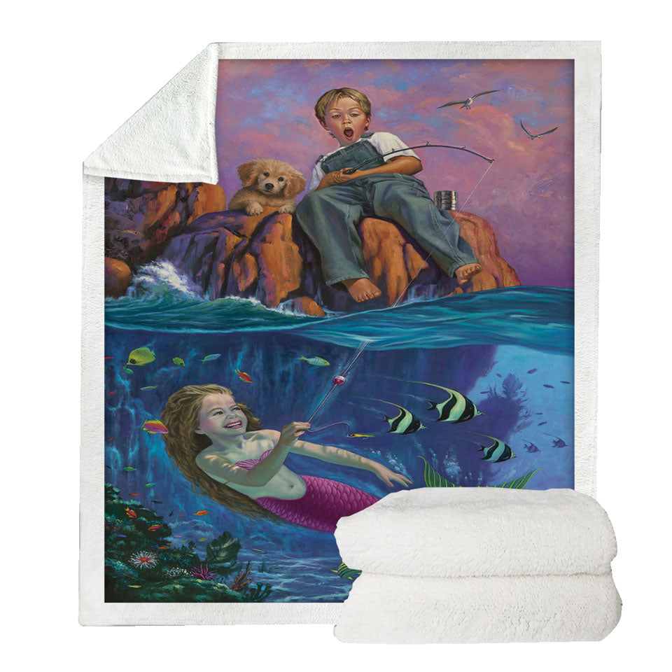 Fun Kids Design Catch of the Day Boy and Mermaid Blankets