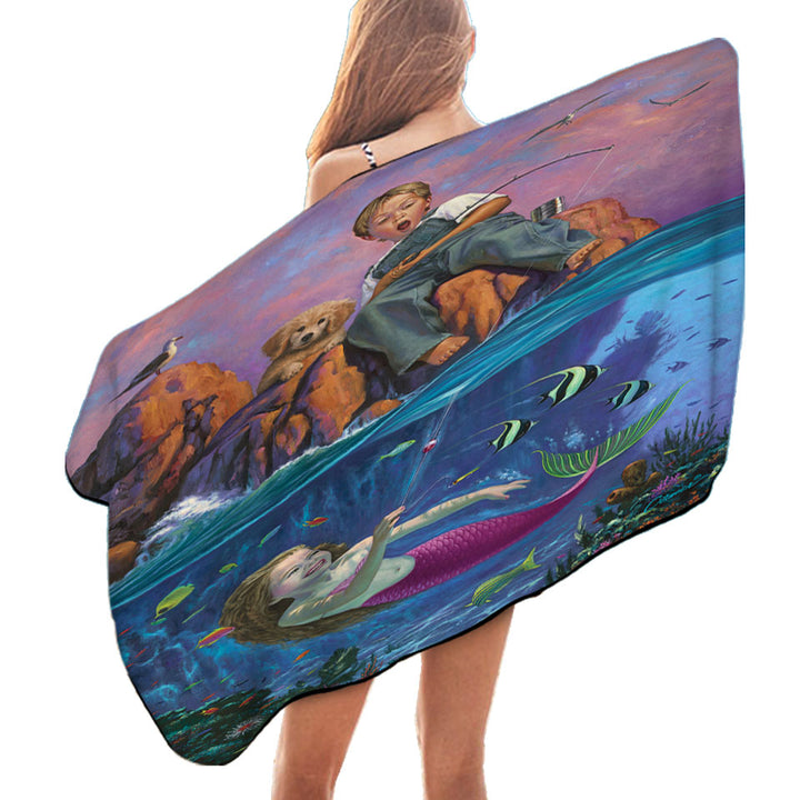 Fun Kids Design Catch of the Day Boy and Mermaid Pool Towels and Beach Towles