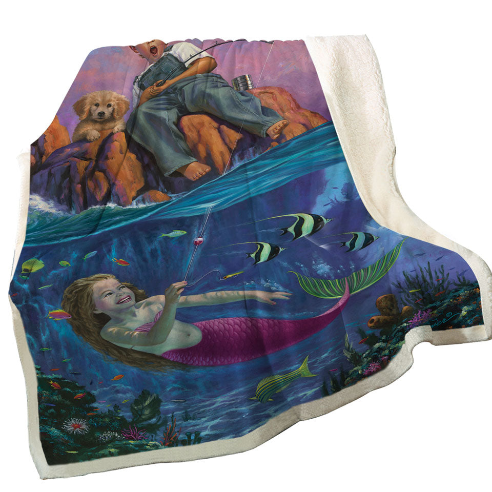 Fun Kids Design Catch of the Day Boy and Mermaid Sherpa Blanket