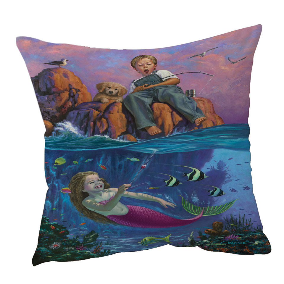 Fun Kids Design Catch of the Day Boy and Mermaid Throw Pillow