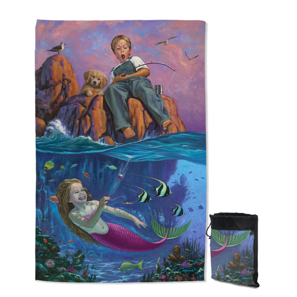 Fun Kids Design Catch of the Day Boy and Mermaid Travel Beach Towel