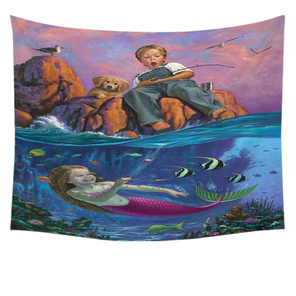 Fun Kids Design Catch of the Day Boy and Mermaid Wall Decor Tapestry