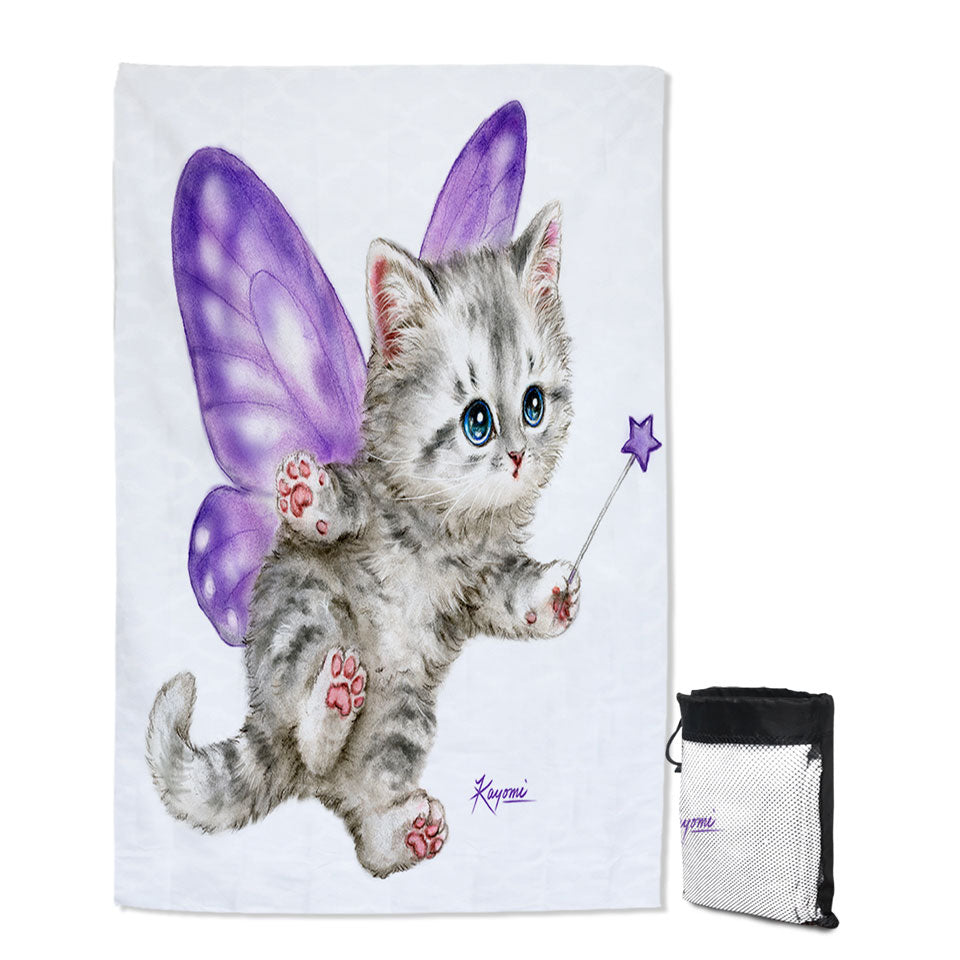 Fun Lightweight Beach Towel with Cats Cute Purple Fairy Kitten