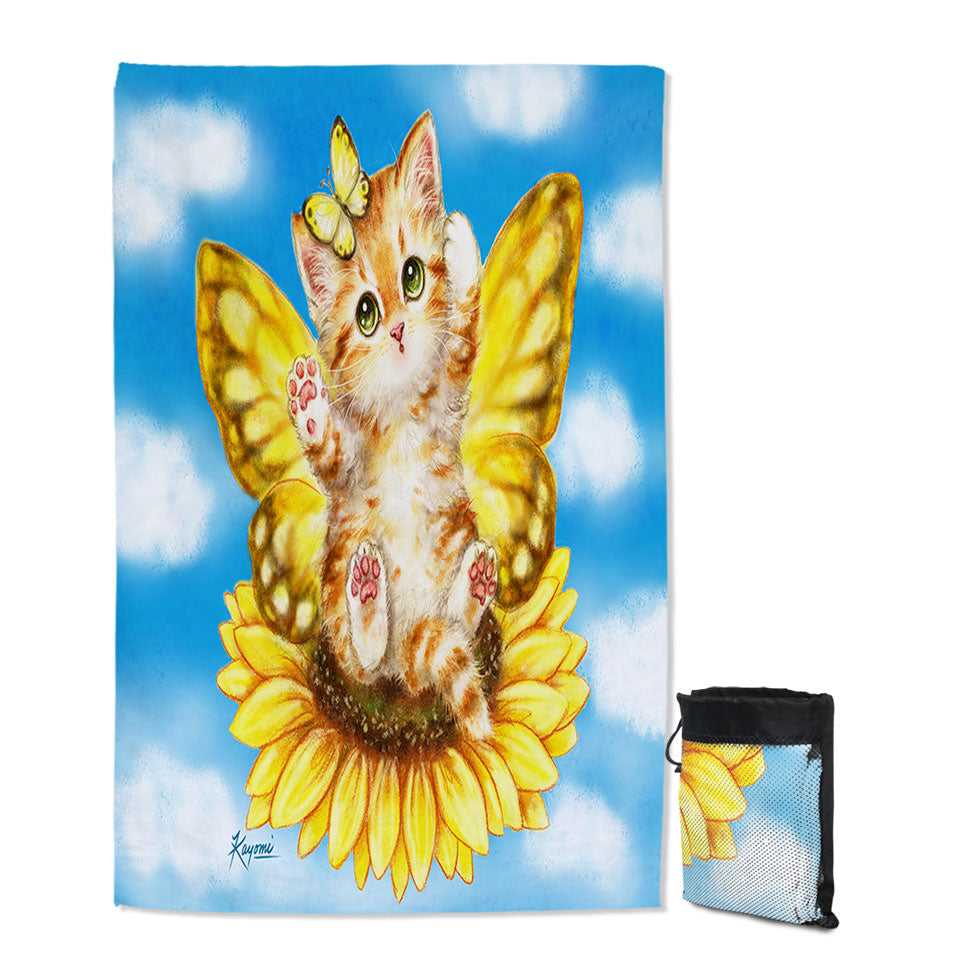 Fun Microfiber Towels For Travel with Cats Cute Yellow Sunflower Fairy Kitten