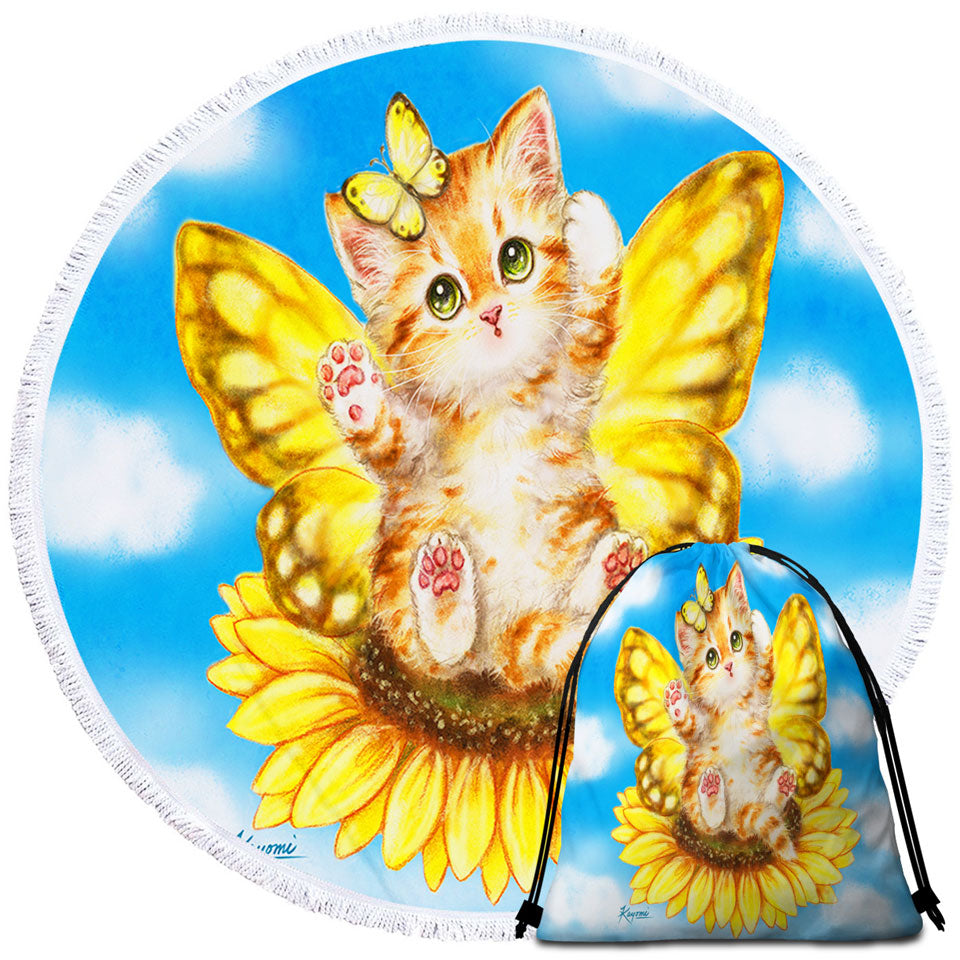 Fun Microfibre Beach Towels with Cats Cute Yellow Sunflower Fairy Kitten