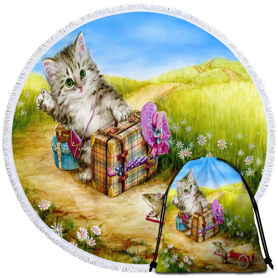 Fun Round Beach Towel Cute Cat Designs on the Road Mouse and Kitten