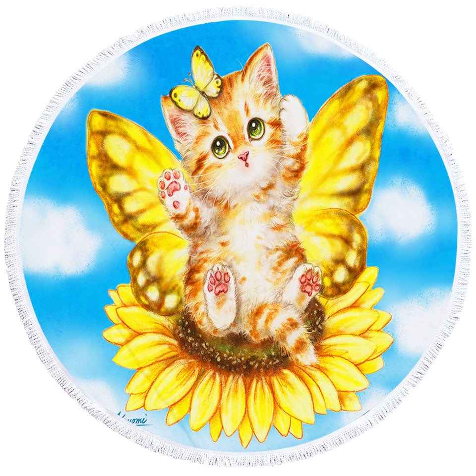 Fun Round Beach Towel with Cats Cute Yellow Sunflower Fairy Kitten