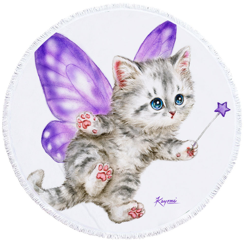 Fun Round Towel with Cats Cute Purple Fairy Kitten