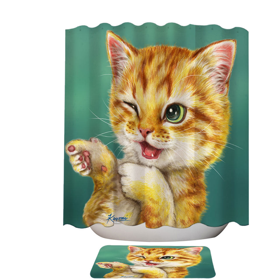 Fun Shower Curtains Gotcha Winking Cool Cat Ginger Kitten