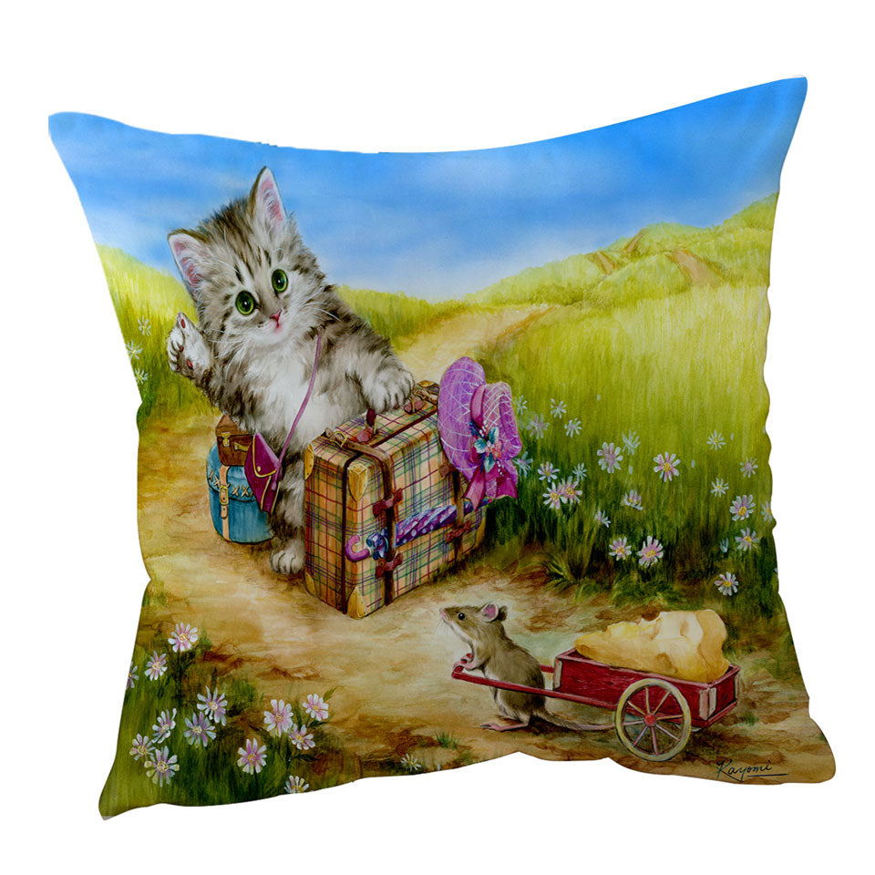 Fun Sofa Pillows Cute Cat Designs on the Road Mouse and Kitten