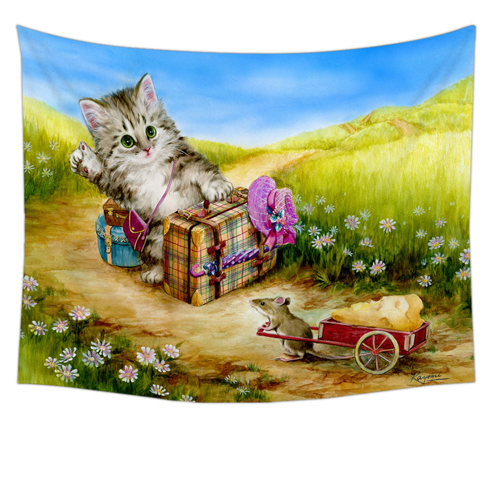 Fun Tapestry Wall Decor Cute Cat Designs on the Road Mouse and Kitten