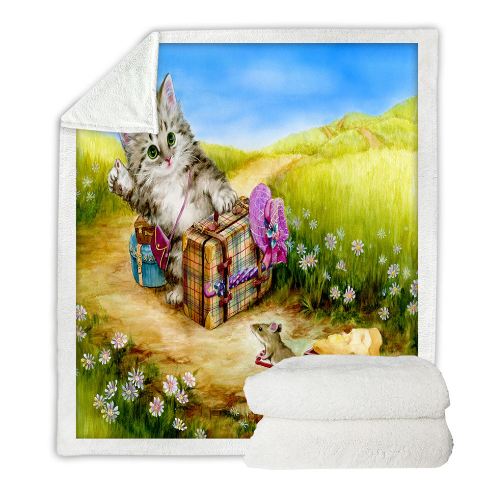 Fun Throw Blanket Cute Cat Designs on the Road Mouse and Kitten