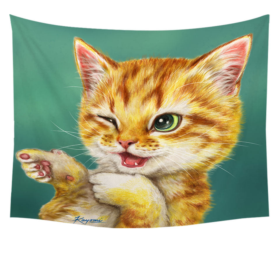 Fun Wall Decor Tapestry Gotcha Winking Cool Cat Ginger Kitten