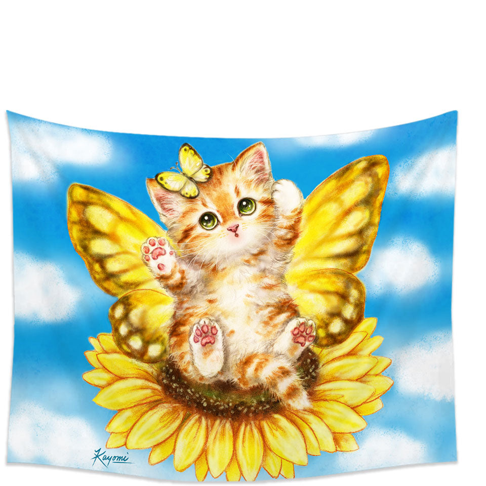 Fun Wall Decor with Cats Cute Yellow Sunflower Fairy Kitten