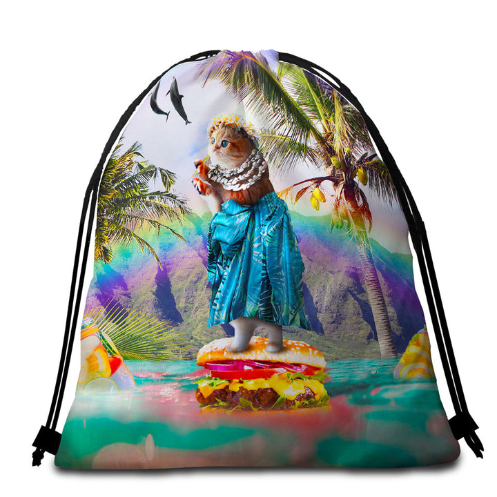 Funny Aloha Girl Cat on Hawaiian Burger Beach Pool Towels Bag