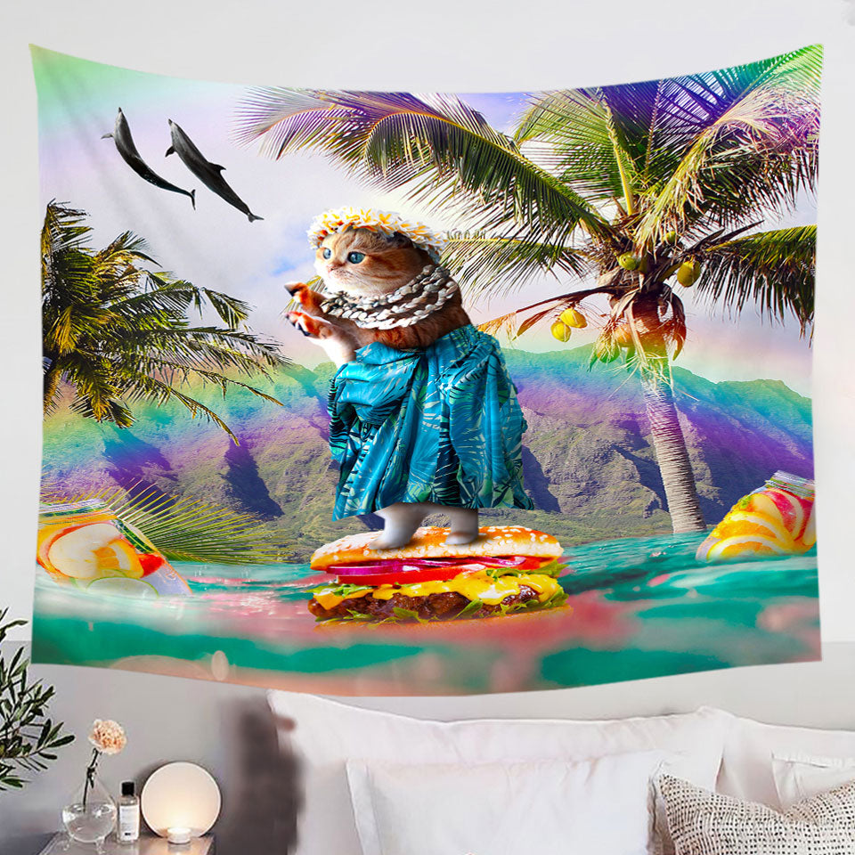 Funny-Aloha-Girl-Cat-on-Hawaiian-Burger-Tapestry-Wall-Decor