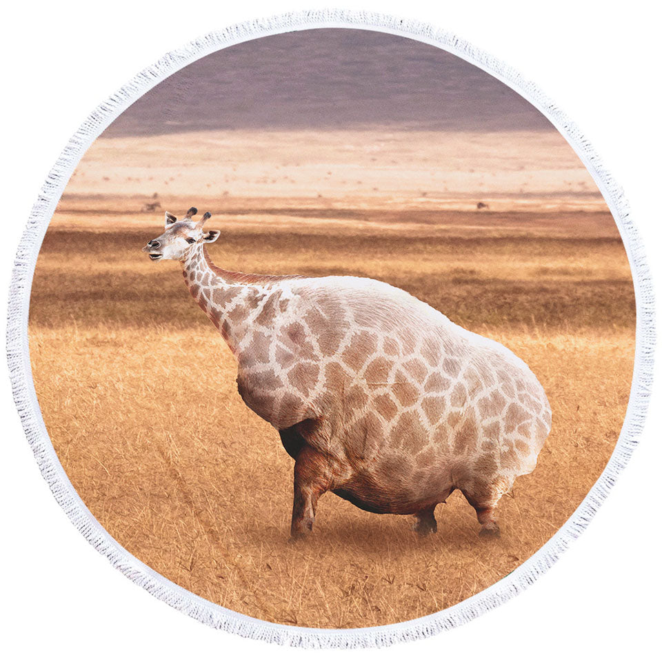 Funny Animals Art Fat Giraffe Round Beach Towel