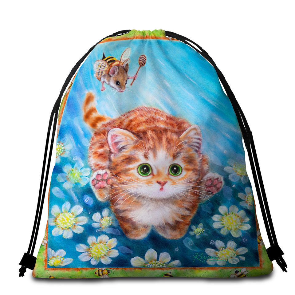 Funny Art Designs for Children Kitten vs Bee Mouse Beach Towel Bags